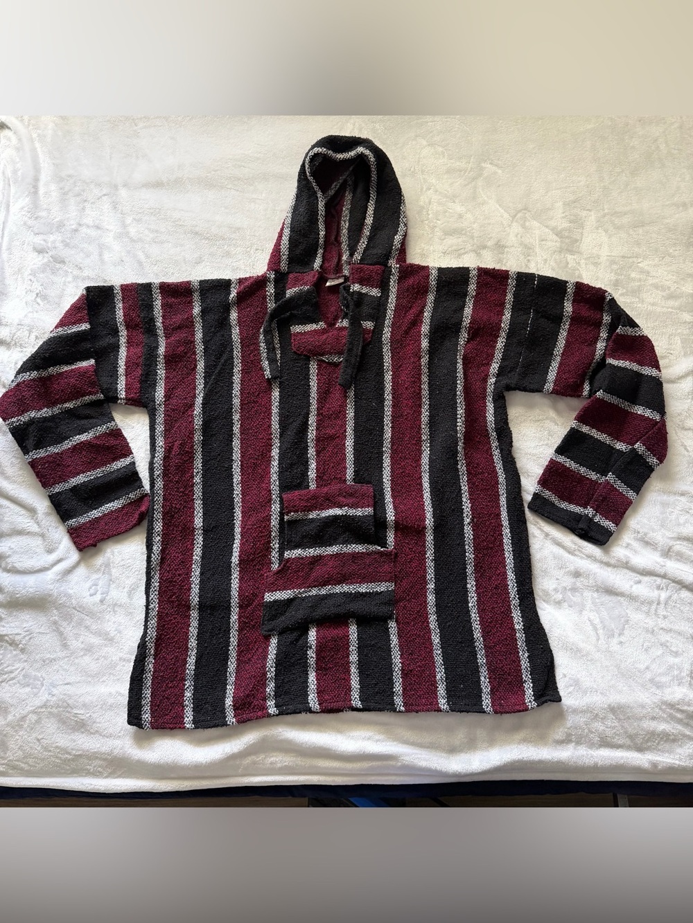 Striped Crewneck Baja Pullover Sweater - Black & Burgundy